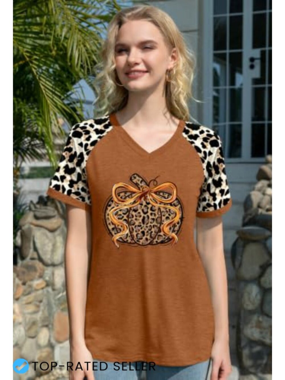 Women's Halloween Ghost Pumpkin V-Neck Leopard Plaid Raglan T-Shirt - Picture 3 of 6